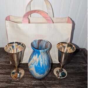 Vintage Silver Plated Wine Goblets and Multicolor Glass Art Vase Gift Set